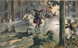 A battle in the woods. Someone has been hit and falling off their horse. Postcard Postcard Postcard