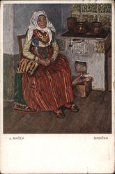 Babicka - A painting of a grandmother in traditional Czech dress in a chair by the stove. Women Postcard Postcard Postcard