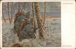 On Outpost - Two soldiers watch from behind some birch trees, in the snow. World War I Postcard Postcard Postcard