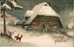 Picture of large snow covered chalet at night with Croatian greeting “Vanocni pozdrav” Postcard Postcard Postcard