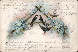 Birds sitting on a stick that is the center of an A with two swooping swallows, one with an envelope in it's mouth Postcard Post Postcard