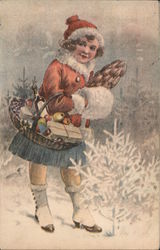 A girl in a red jacket and hat stands in the snow with a gift basket. Children Postcard Postcard Postcard