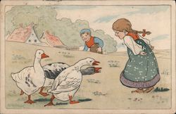 Girl standing up to Geese Squawking at her. Postcard