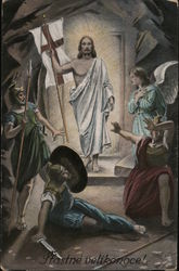 Jesus holding a flag which is hurting Romans while and Angel stands aside Postcard