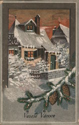 Vesele Vanoce - A snowy scene of houses and a pine branch with pinecones. Christmas Postcard Postcard Postcard