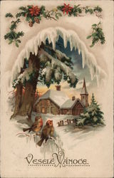 Winter Scene with Birds looking at a snow covered house and landscape Christmas Postcard Postcard Postcard