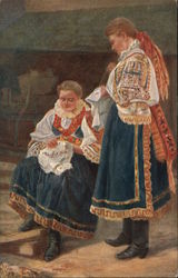 Two women in traditional Czech costumes embroidering Postcard