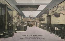 The Office of "The Wilson Hotel" with deerheads and antlers lining the walls Postcard