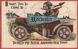 I want you to come to Rochester to her me steer around der town - A cartoon of a Dutch girl driving a car Postcard