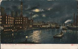 River Front By Night, Chicago, Ill Illinois Postcard Postcard Postcard