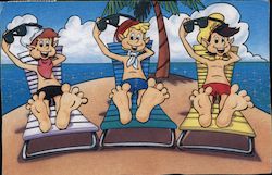 The Kelloggs Rice Krispies "Snap Crackle and Pop" boys relax in lounge chairs at a beach Postcard