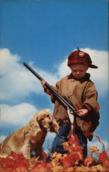 Toddler in Hunting Clothes, with a Rifle and Cocker Spaniel Postcard Postcard Postcard