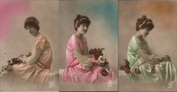 Lot of 3: Tinted Women with Flowers Postcard Postcard Postcard