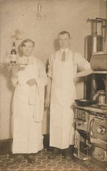 Two Waiters Stand By Restaurant Oven, One Holds Serving Tray with Whiskey and Glasses Postcard