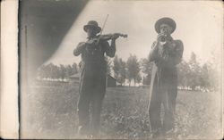 One Man Plays Fiddle, Another Man Plays Horn in Open Field Vining, MN Music Postcard Postcard Postcard