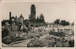 Elevated view of early construction of Stadhuis building. Postcard