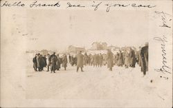 Townspeople gather outside snowy village New York Men Postcard Postcard Postcard