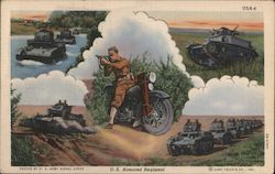 "U.S. Armoured Regiment" - Man on motorcycle with rifle, and views of tanks. Photos by US Army Signal Corps Postcard