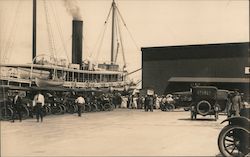 Early automobiles lined up at the pier with steamer San Francisco, CA Postcard Postcard Postcard