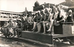 Group of Bathers Sitting on Steps 1940's Postcard