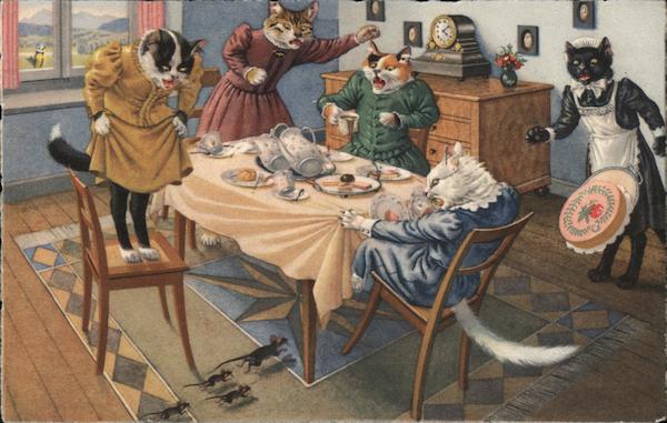 Anthropomorphic Cats have a tea party and scream at scampering mice ...