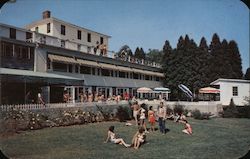 Pococabana Lodge, view of sunbathers on front lawn, Poconos Postcard