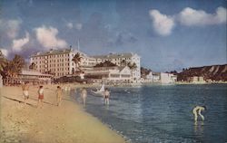 Waikiki Beach Stretches Before Beautiful Moana Hotel on the Island of Oahu Honolulu, HI Postcard Postcard Postcard