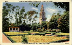 Alcazar Gardens And Tower Of The Palace Of Science San Diego, CA Postcard Postcard