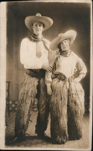 Man & Woman Dressed As Cowboys, Wooly Chaps Studio Photos Postcard