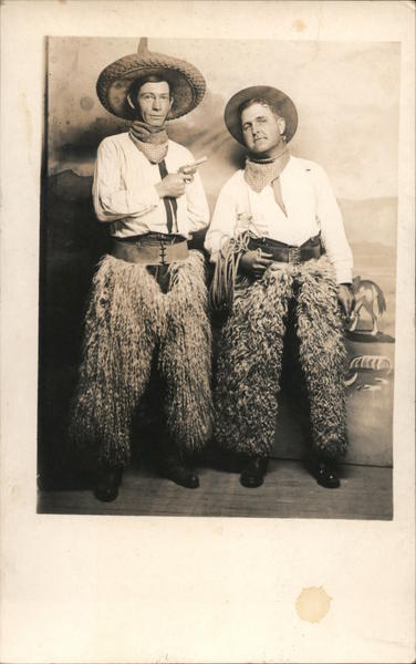 Two Men Dressed as Cowboys, Wooly Chaps,Pistol,Lasso Studio Photos Postcard