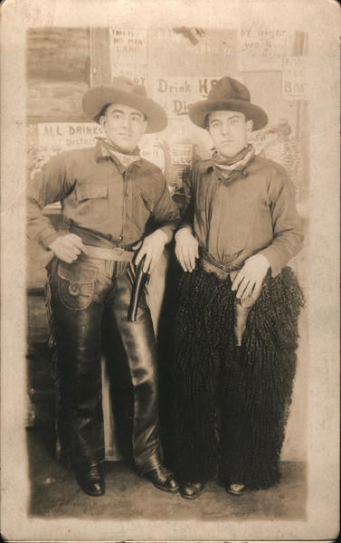 Two Men Dressed as Cowboys, Wooly Chaps Studio Photos Postcard