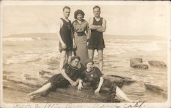 Two Men and Three Women on Beach Postcard