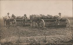 Farmers and horse drawn plows, discs Postcard