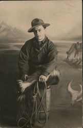 Man Dressed as a Cowboy Wearing Wooly Chaps and Holding a Lasso Canada Studio Photos A. B. Hunter Postcard Postcard Postcard