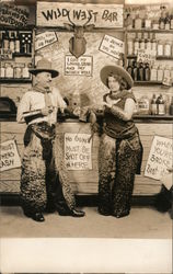 Man & Woman dressed as Cowboys in Wild West Bar, Wooly Chaps Postcard