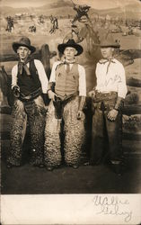 Three men dressed as Cowboys in a ranch scene, Wooly Chaps Studio Photos Postcard Postcard Postcard