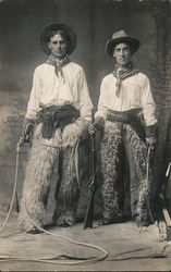 Great Studio Photo: Two Men Dressed as Cowboys, Lasso, Wooly Chaps Studio Photos Postcard Postcard Postcard