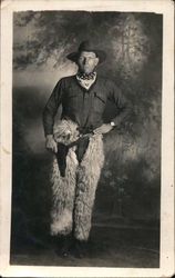 Man Dressed as Cowboy Wearing Wooly Chaps Holding Pistol Studio Photos Postcard Postcard Postcard