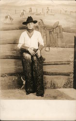 Man Dressed as a Cowboy in a Ranch Scene, Wooly Chaps Postcard