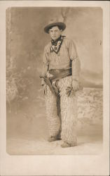 Young Man Dressed as Cowboy Wooly Chaps Pistol Holster Studio Photos Postcard Postcard Postcard