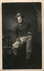 Man Dressed as Cowboy Wooly Chaps Holding Pistol Studio Photos Postcard Postcard Postcard