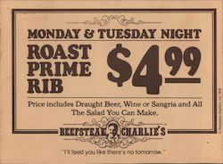 Beefsteak Charlie's, Monday & Tuesday Night Roast Prime Rib Advertising Ephemera Ephemera Ephemera