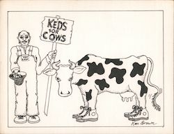 Keds for Cows - a man hold out a hat for donations next to a cow wearing sneakers. Postcard