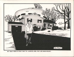 Man Standing in Driveway with House & UFO in Background Postcard