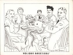 Holiday Greetings - People are gathered around the table while a man carves a giant octopus Cartoons Postcard Postcard Postcard