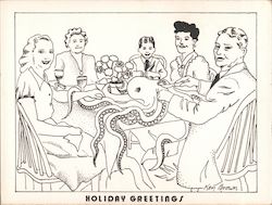 Holiday Greeting - Family eating and Octopus at the table Postcard