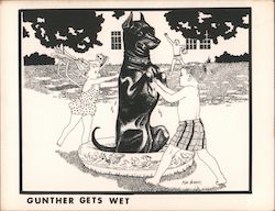 Gunther Gets Wet - A giant Doberman is sitting in a wading pool with some children. Cartoons Postcard Postcard Postcard