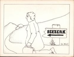 A woman with a suitcase heads down a road named Bezerk. Cartoons Postcard Postcard Postcard