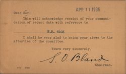 H.R. Committee on Merchant Marine, Radio and Fisheries April 11, 1936 Postcard