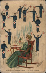 Woman in chair, with men holding maritime flags surrounding her Navy Postcard Postcard Postcard